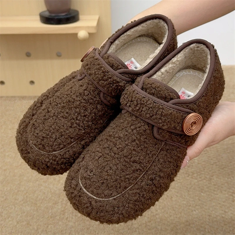 复古加绒平底女棉鞋老北京布鞋可爱圆头博肯鞋毛绒保暖豆豆棉鞋