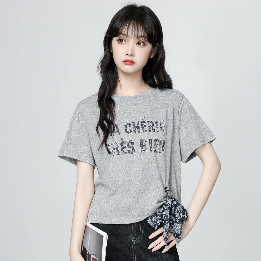 灰色字母印花短袖T恤女夏2025夏季新款设计感系带体恤半袖短上衣
