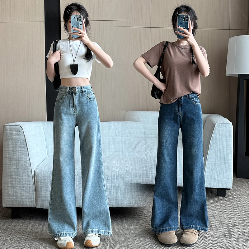 小个子女2025高腰夏季阔腿裤百搭时尚直筒微喇裤九分长裤牛仔裤