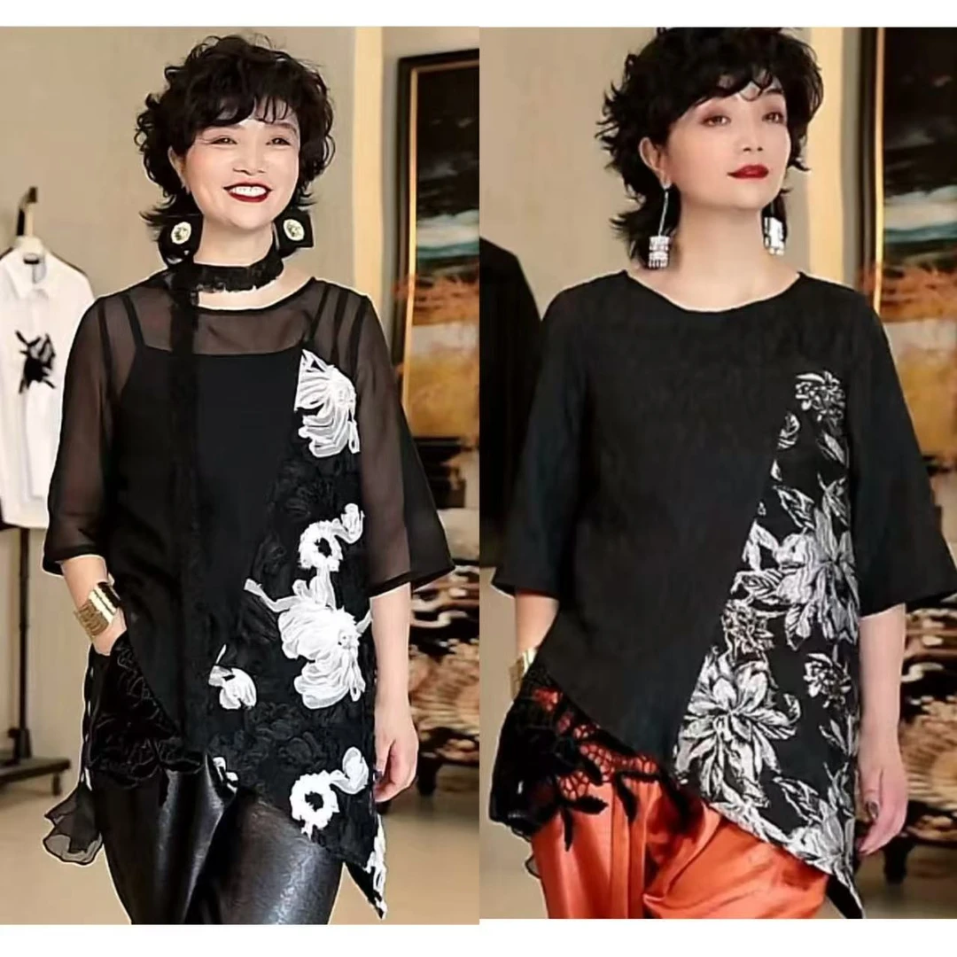 1893-1篱君春夏新品民族风拼色黑色上衣设计感不规则拼接提花T恤