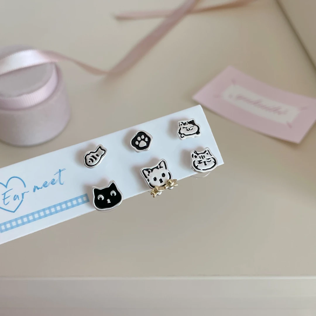 铜合金耳饰 D2059敲可爱！原创涂鸦猫咪6只组合耳钉少女百搭耳骨钉