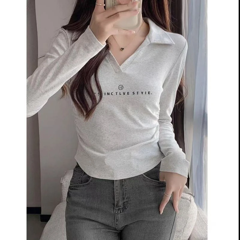 polo领扎染正肩长袖t恤女2025秋季设计感小众收腰辣妹风短款上衣
