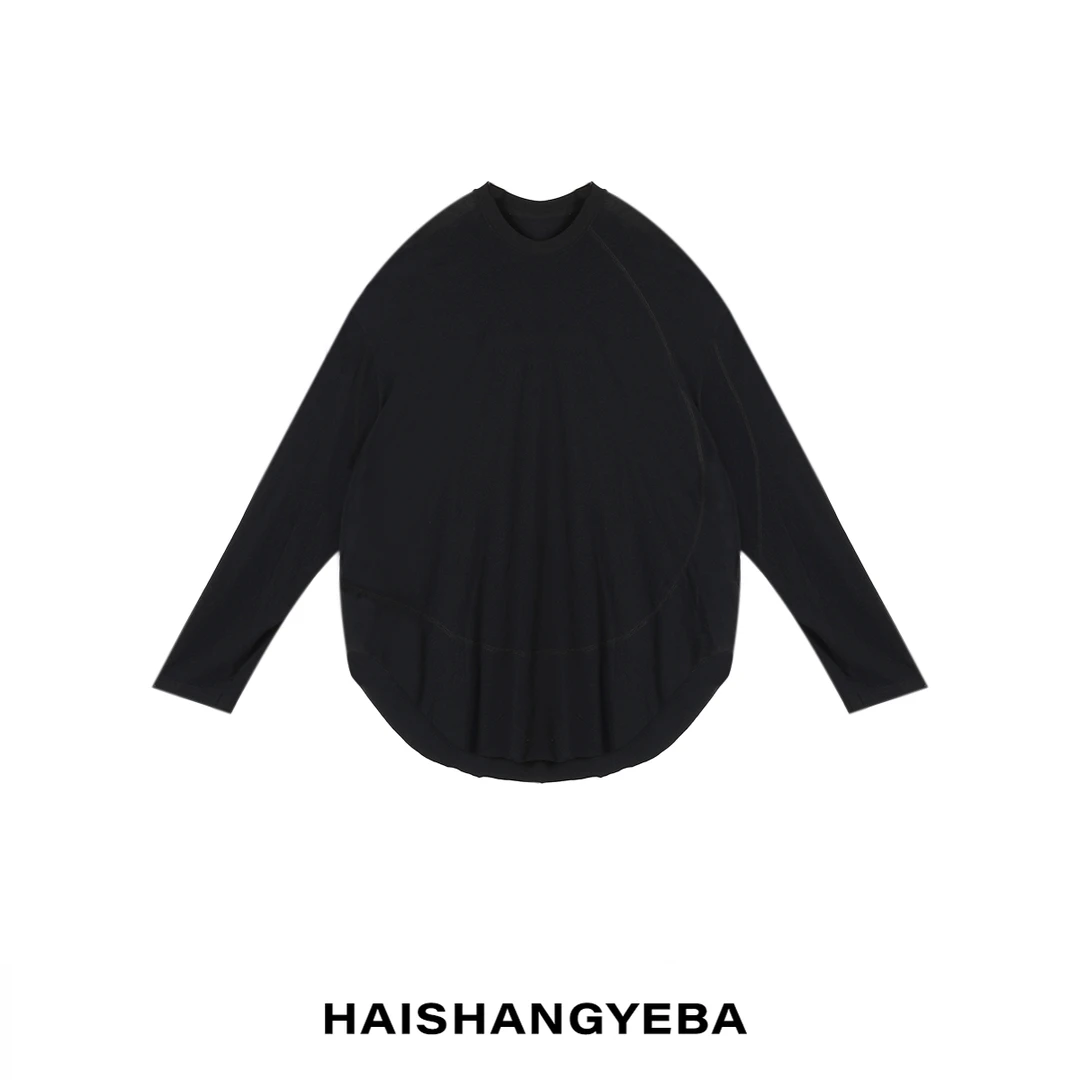 【海上叶爸】新款2025夏季百搭棉圆领套头宽松不规则休闲长袖T恤