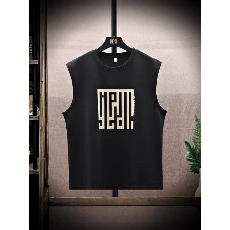 国风印花无袖男士T恤夏季冰丝背心运动潮流健身圆领坎肩休闲速干