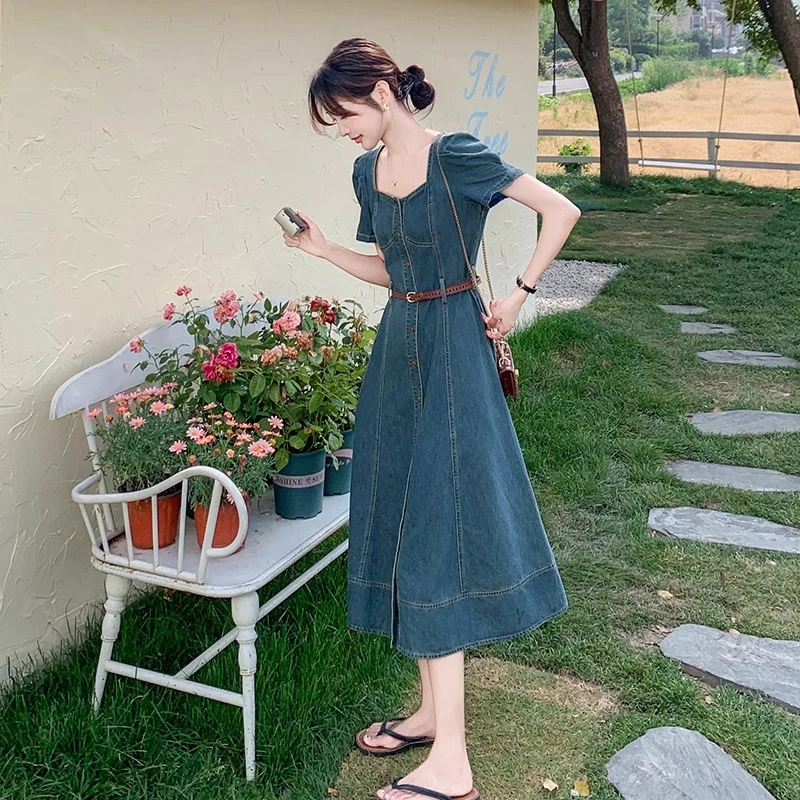 港风复古牛仔连衣裙2025新款女夏季薄款别致独特时尚收腰显瘦裙子