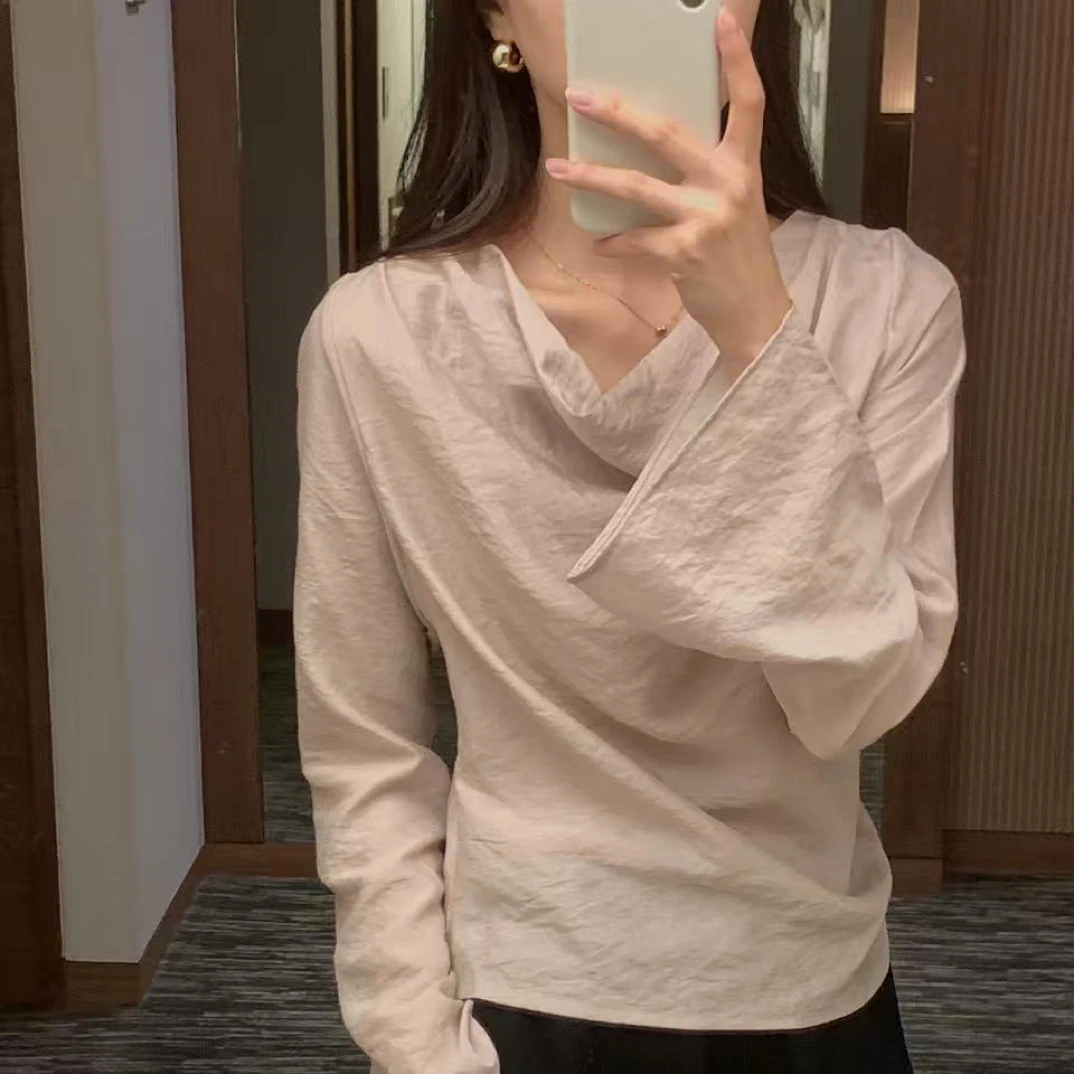 No退No换韩国东大门女装2025年新款荡领一字肩长袖衬衫上衣女605b