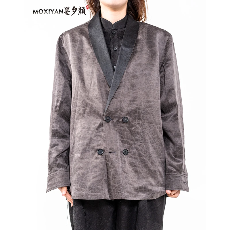 【墨夕颜】新款桑蚕丝中国风宽松   灰龟双面穿西装外套-MH-668