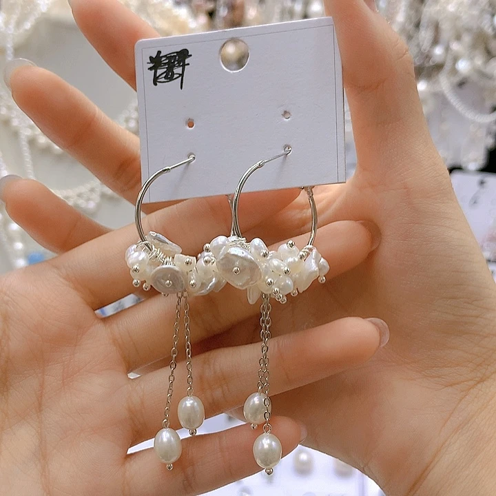 银S925镶嵌耳饰淡水珍珠一**风