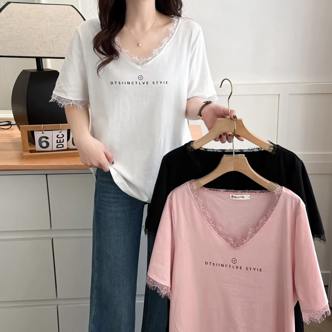 梦冬佳--110-200斤大码女装2025夏季新款蕾丝花边V领短袖T恤内搭