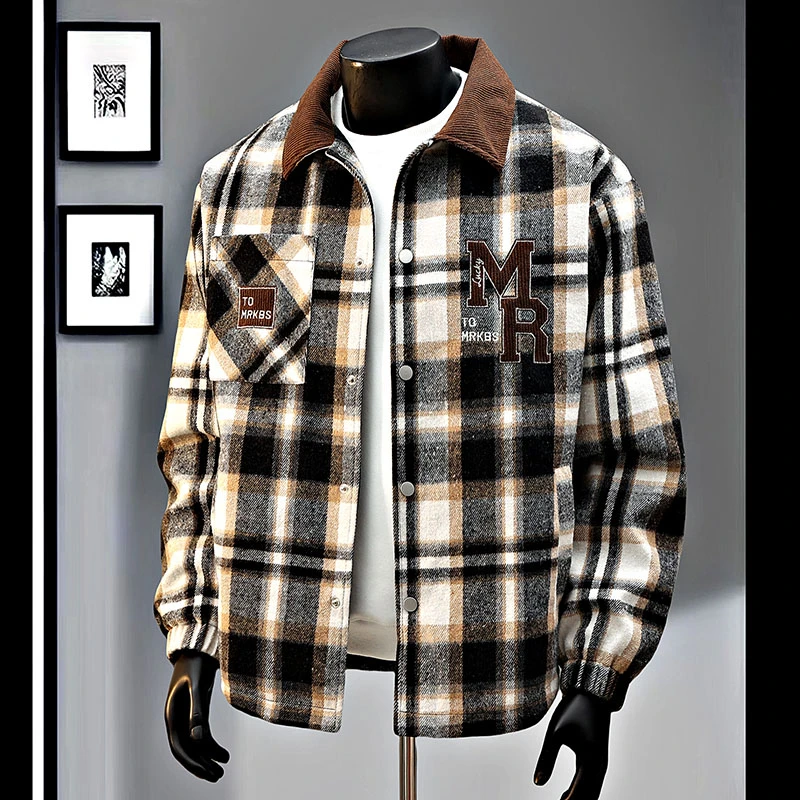 玛斯柏巴恩风格子外套男士春秋季新款美式潮牌宽松大码翻领夹克男