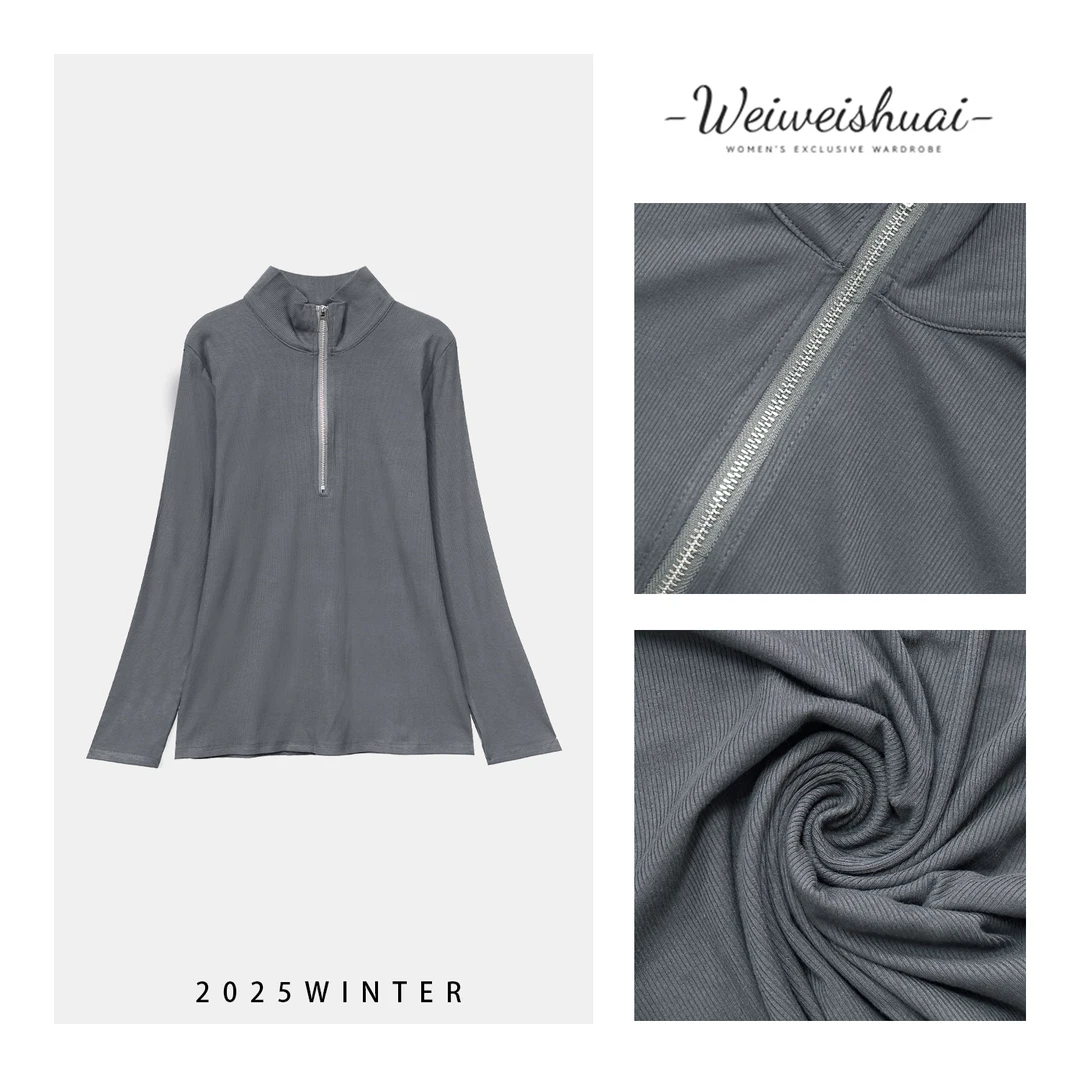 【广州微姐】初秋时尚薄款长袖修身型立领拉链套头打底3170