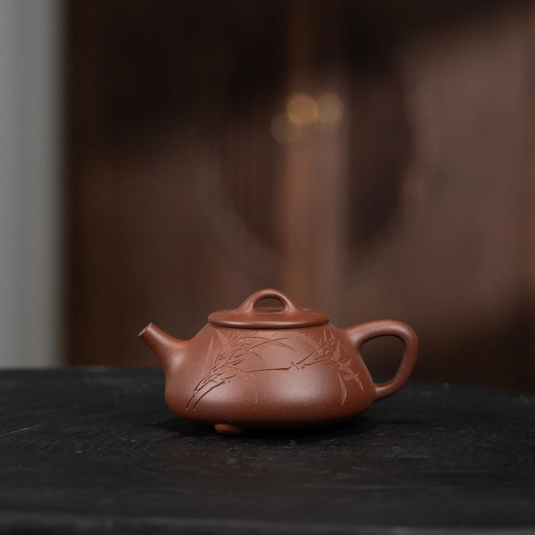 【利贞l平盖石瓢刻竹】原矿底槽清 约200cc 手工制 紫砂壶 茶具DTGT