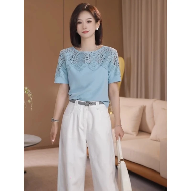 高级感水溶蕾丝拼接设计短袖t恤女夏季时尚洋气精致显瘦气质上衣