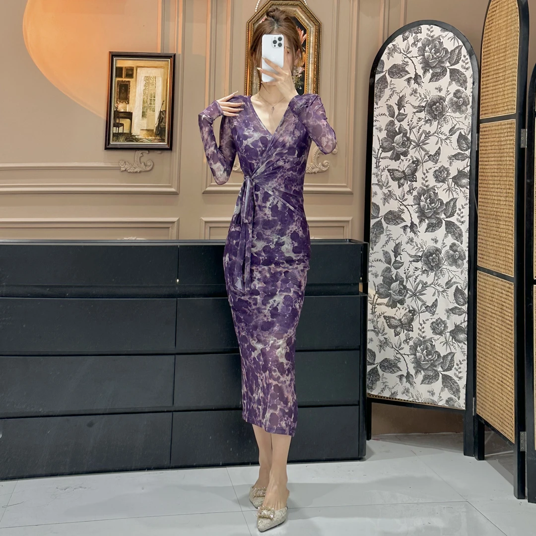 2025春夏款网纱V领绑带长袖鹤唳华亭显瘦包身修身百搭开衩连衣裙