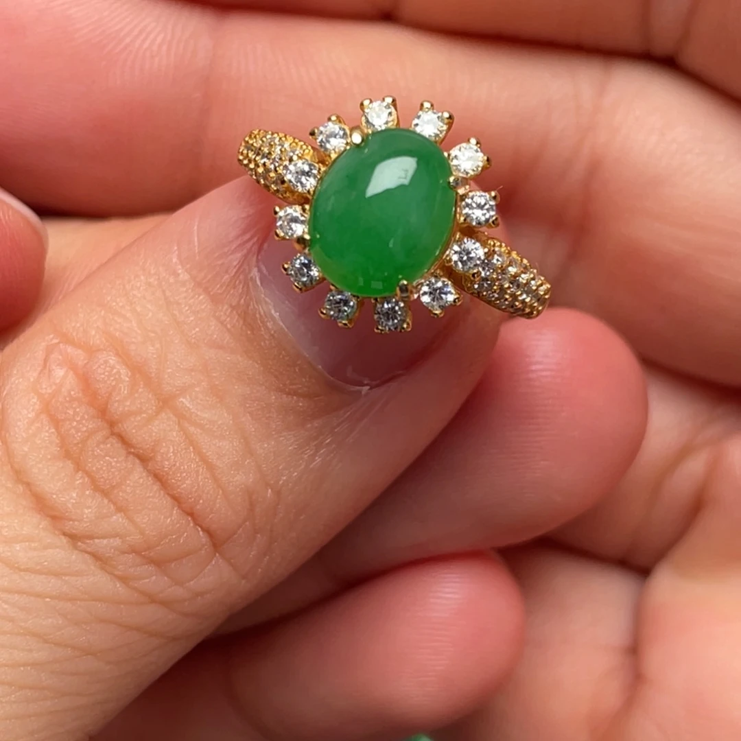 翡翠戒指银S925镶嵌纯天然缅甸翡翠