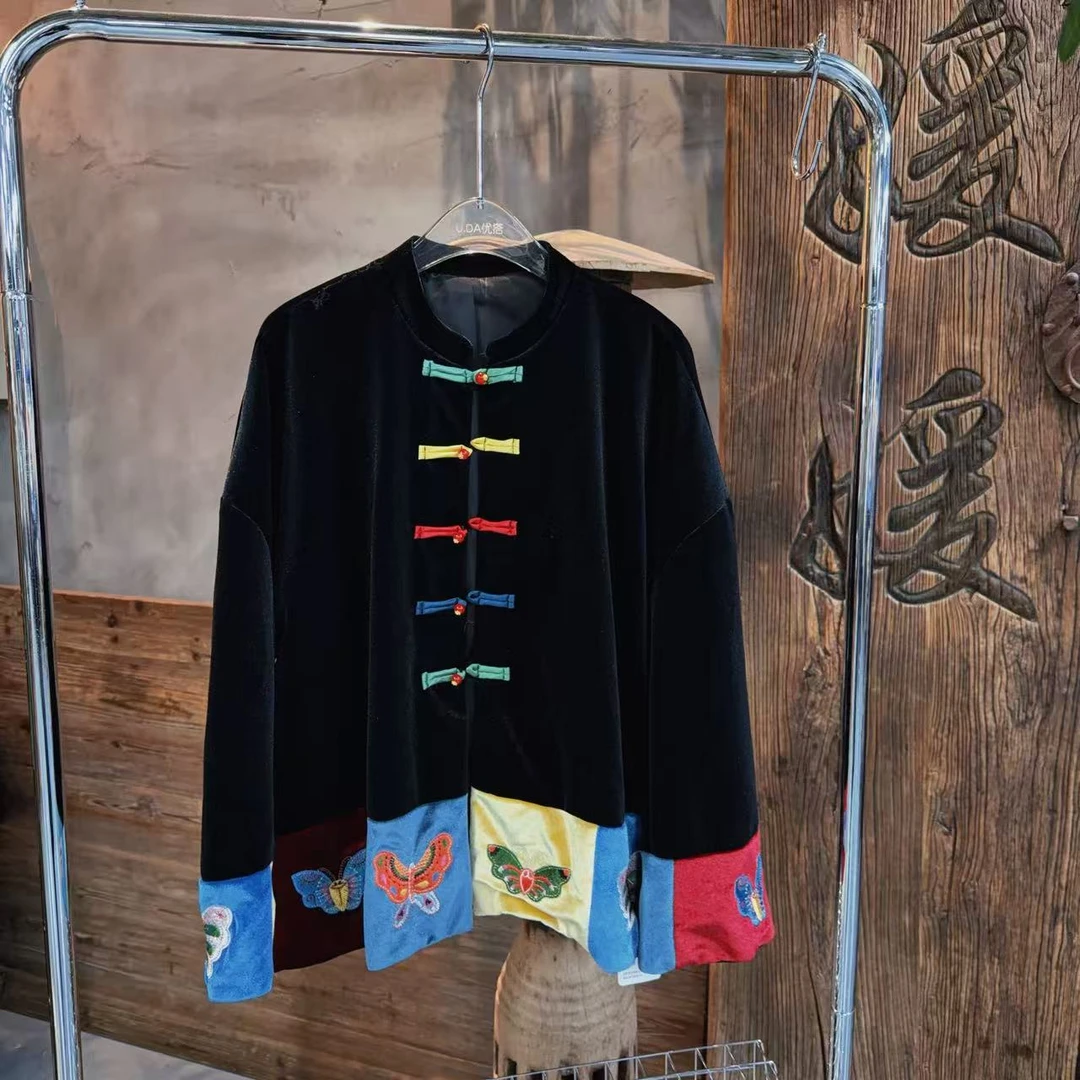 【优搭严选】时尚百搭气质休闲国潮拼接丝绒彩色盘扣上衣外套