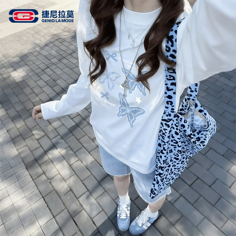 【敖瑞鹏代言】捷尼拉莫纯棉长袖t恤女秋季2025新款宽松设计打底衫