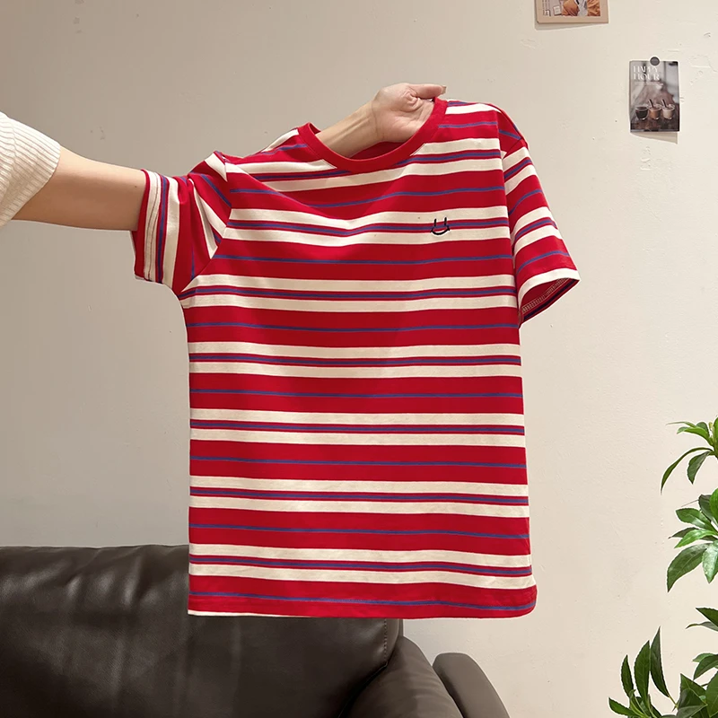 红白条纹撞色拼接圆领正肩短袖t恤女2026夏季新款休闲小上衣