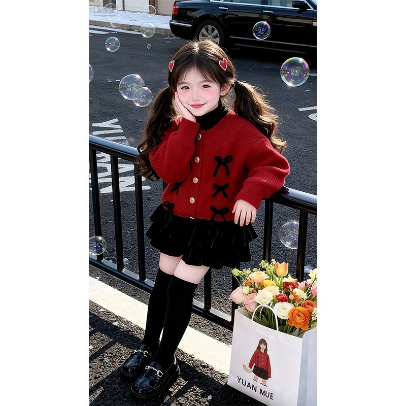 女童新年拜年服红色针织蝴蝶结毛衣开衫丝绒半裙女宝洋气圣诞衣服