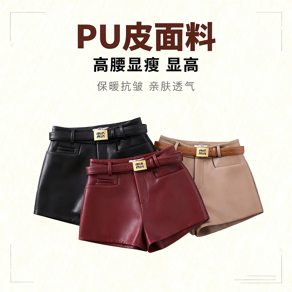 小香风PU短裤女士秋冬皮裤新款韩版显瘦阔腿裤百搭辣妹靴裤三分裤