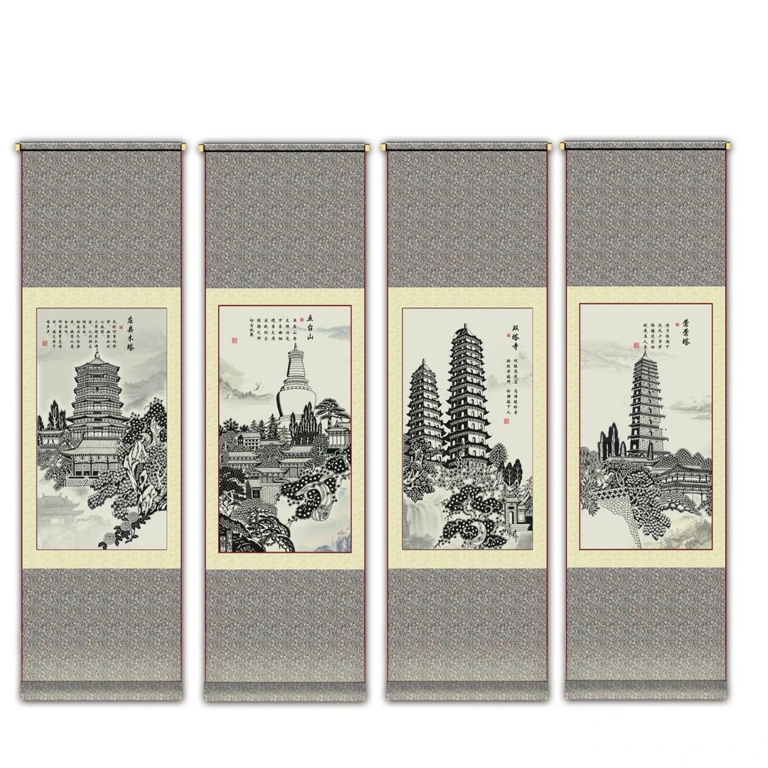 广灵剪纸单色长卷作品-山西风光四条屏