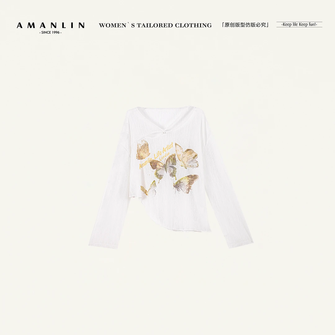 AMANLIN/阿谩琳欧若风宽松慵懒风花卉印花露肩t恤上衣TF598578