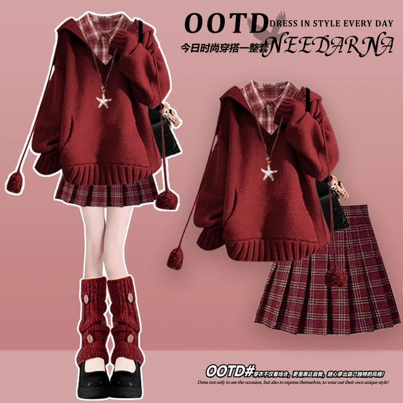 圣诞氛围感穿搭红色针织毛衣裙巨好看的冬装高级感新年战袍百褶裙