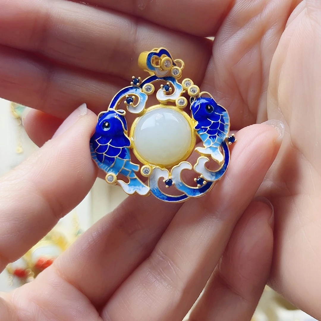 和田玉银S925镀金镶嵌颈饰