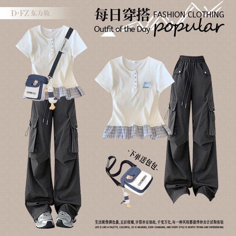 少女洋气学院风套装2025夏装新款初高中学生休闲减龄短袖两件套