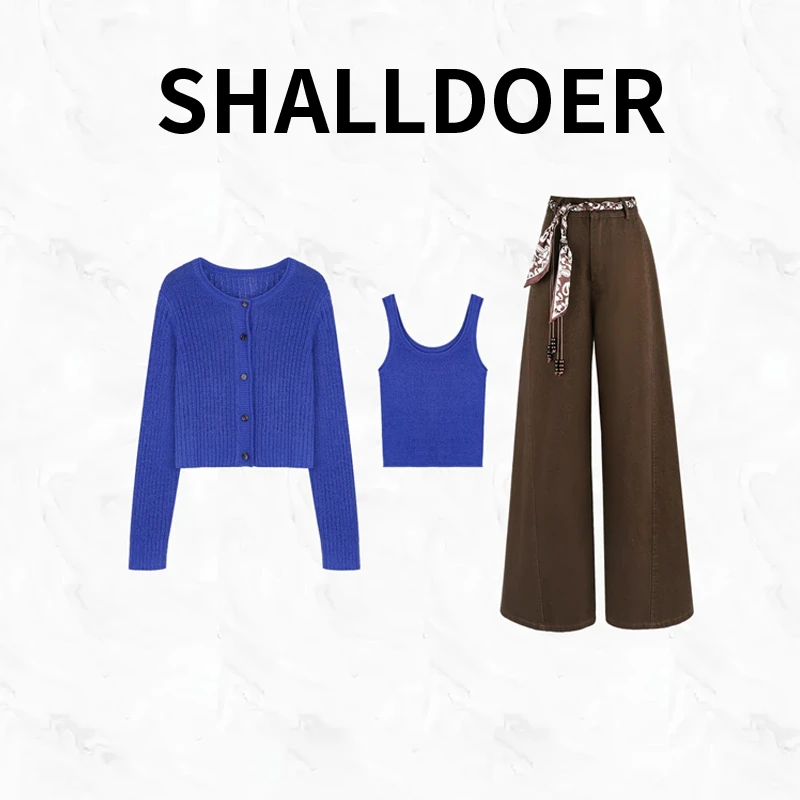 时尚套装女2025秋季新款高级感长袖开衫+背心+休闲直筒裤三件套