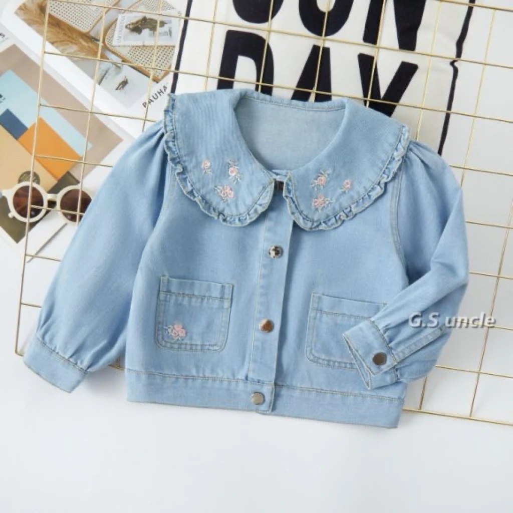 【白羊座】H25033春款女童牛仔外套时尚翻领绣花娃娃领洋气