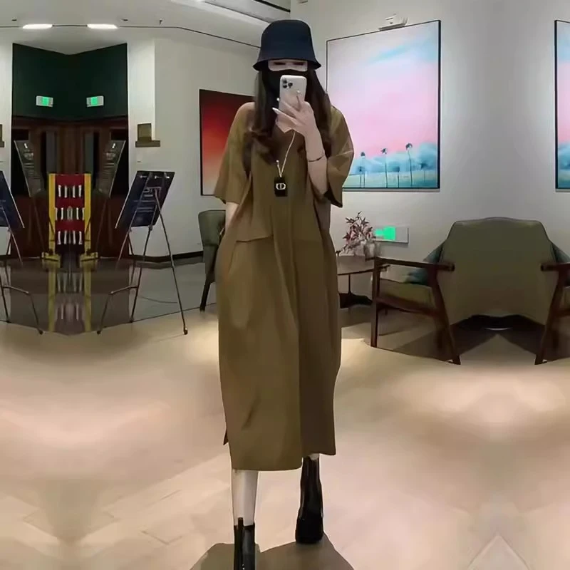 时髦宽松显瘦时尚洋气连衣裙女2025春季新款半袖中长款过膝长裙潮