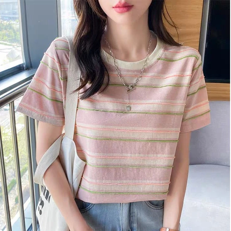 夏季小清新条纹短袖T恤衫粉色显瘦女装宽松大码休闲上衣服V9842