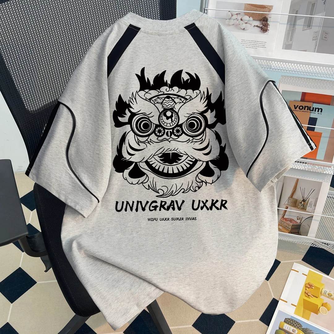 男童白灰色短袖t恤国潮舞狮印花夏季新款中大童oversize宽松上衣