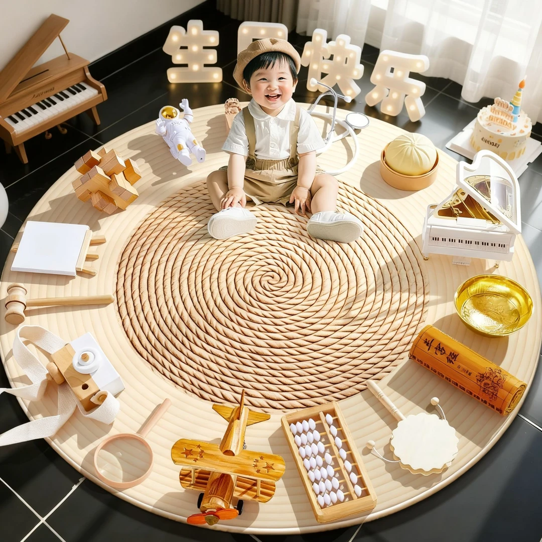 抓周道具用品单品一周岁生日布置套装女宝宝男孩现代抓阄木质地毯