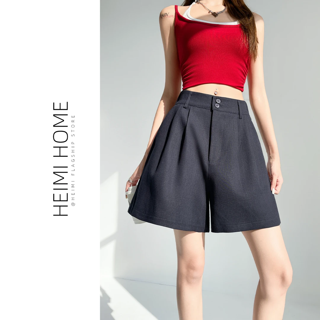 藏青色休闲短裤女夏季薄款宽松高腰阔腿裤小个子设计感双扣山本裤