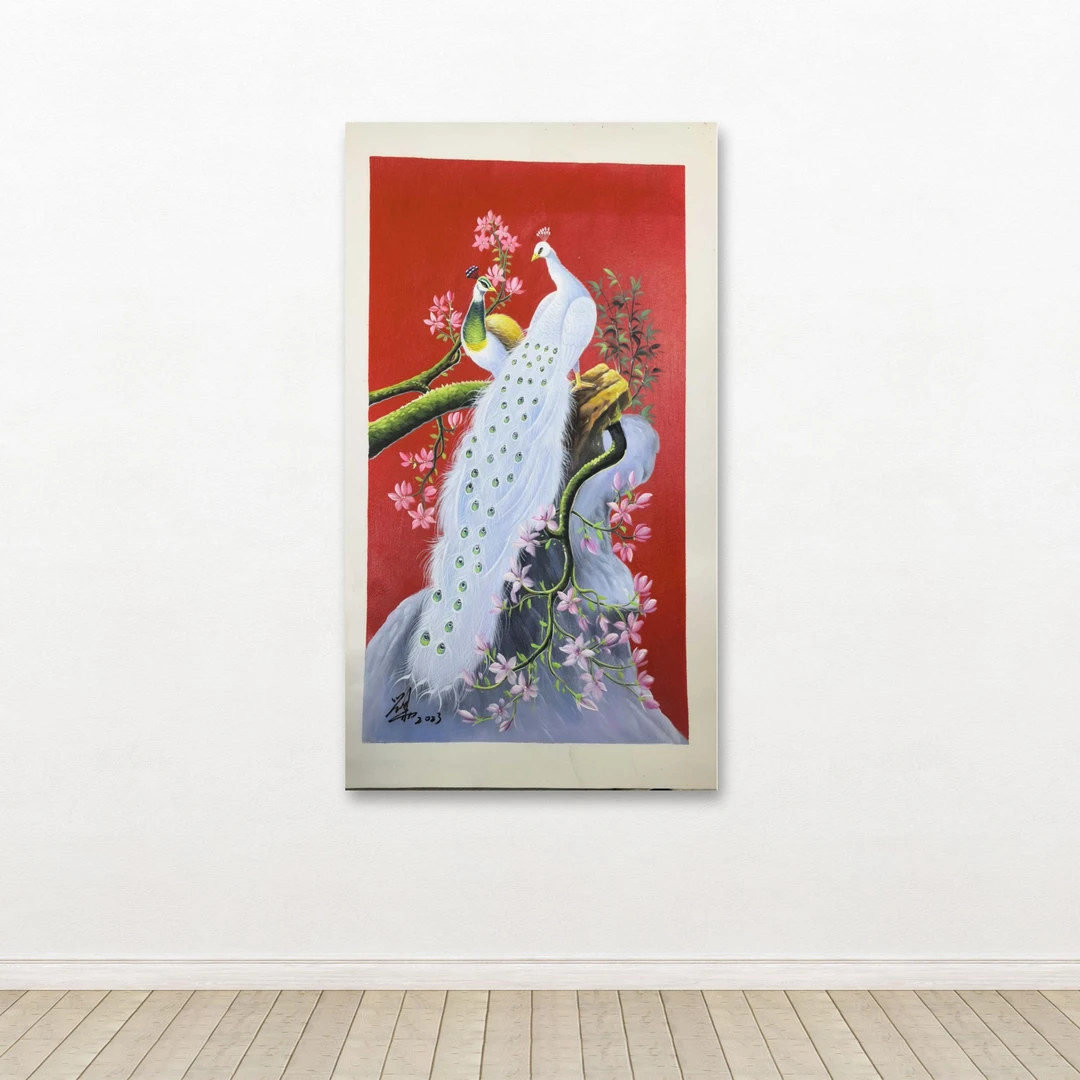 刘用华-手绘油画-孔雀（双）-客厅办公室挂画