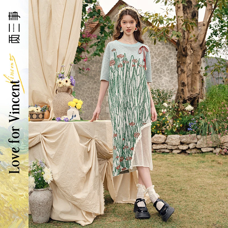 两三事阿尔花田欧若风大女主风连衣裙清新网布拼接花卉针织连衣裙