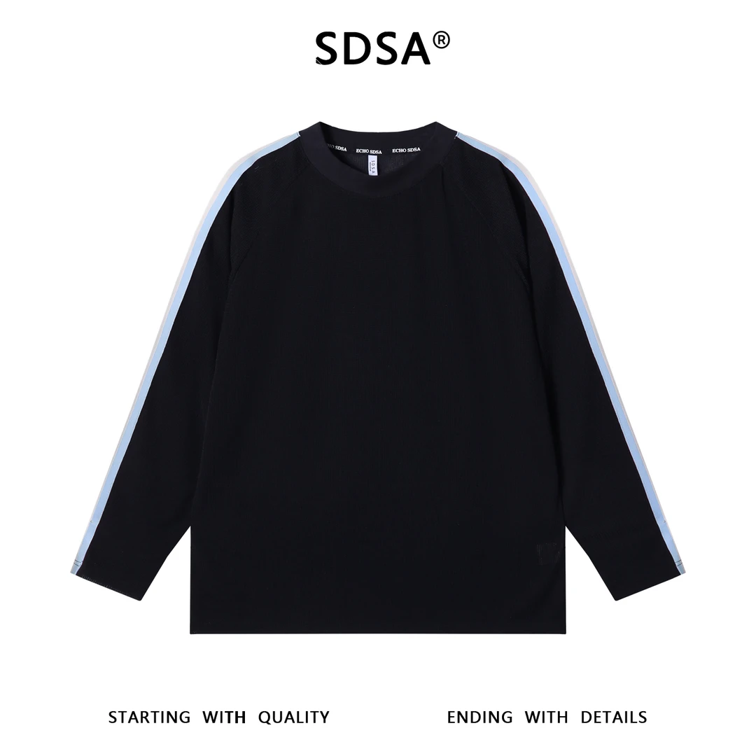 SDSA男士秋冬新款轻奢痞帅男装撞色织带玉米格圆领长袖T恤时尚潮