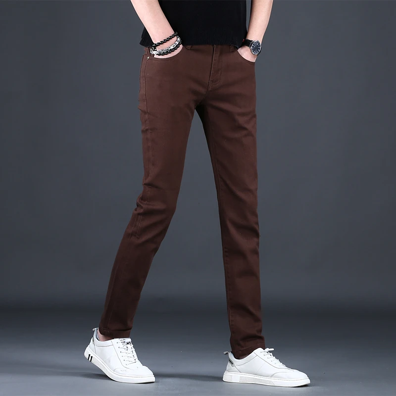 高端休闲牛仔裤男款春夏新款修身小脚咖啡色商务长裤子男直筒百搭