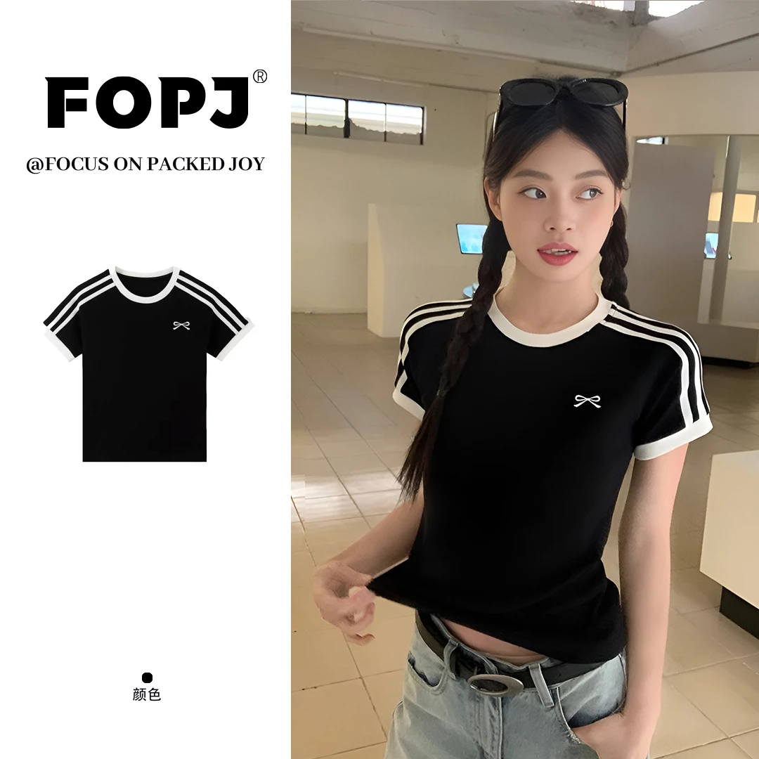 FOPJ修身显瘦时尚百搭学院风简约夏季新款圆领短袖t恤女休闲运动