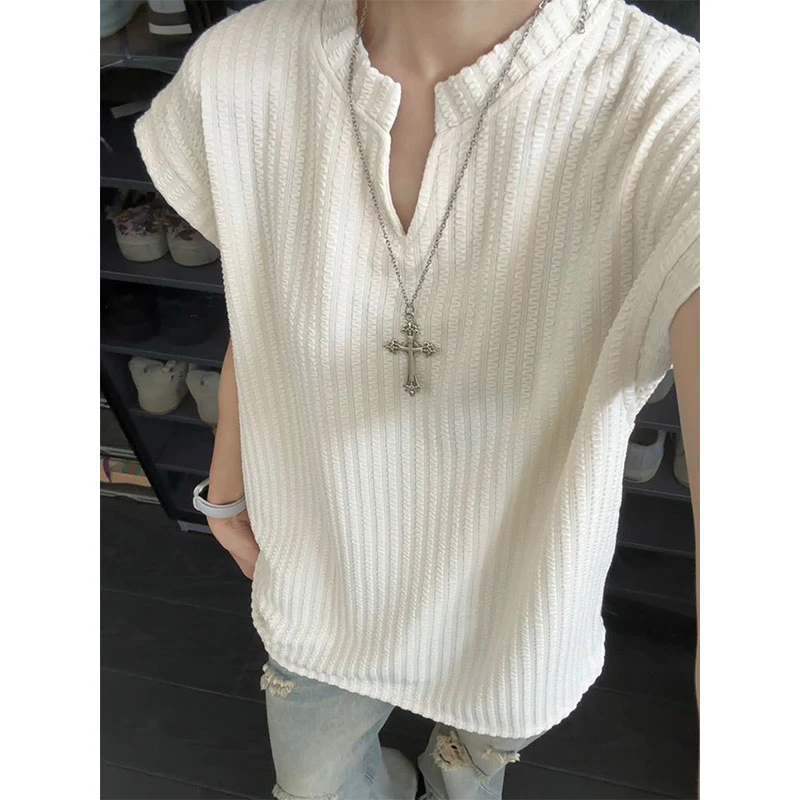 V领褶皱背心男款夏季薄款小袖口无袖T恤设计感小众小领口运动汗衫