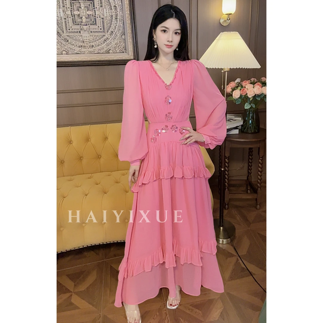 【海哥】时尚显瘦轻奢春夏玫粉色连衣裙