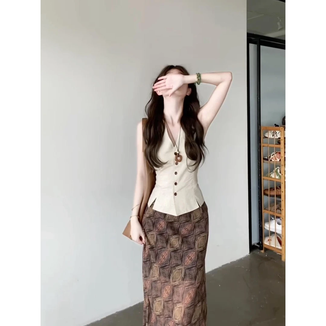 韩系复古老钱风温柔优雅上衣夏季2025新款收腰半身裙小众两件套潮