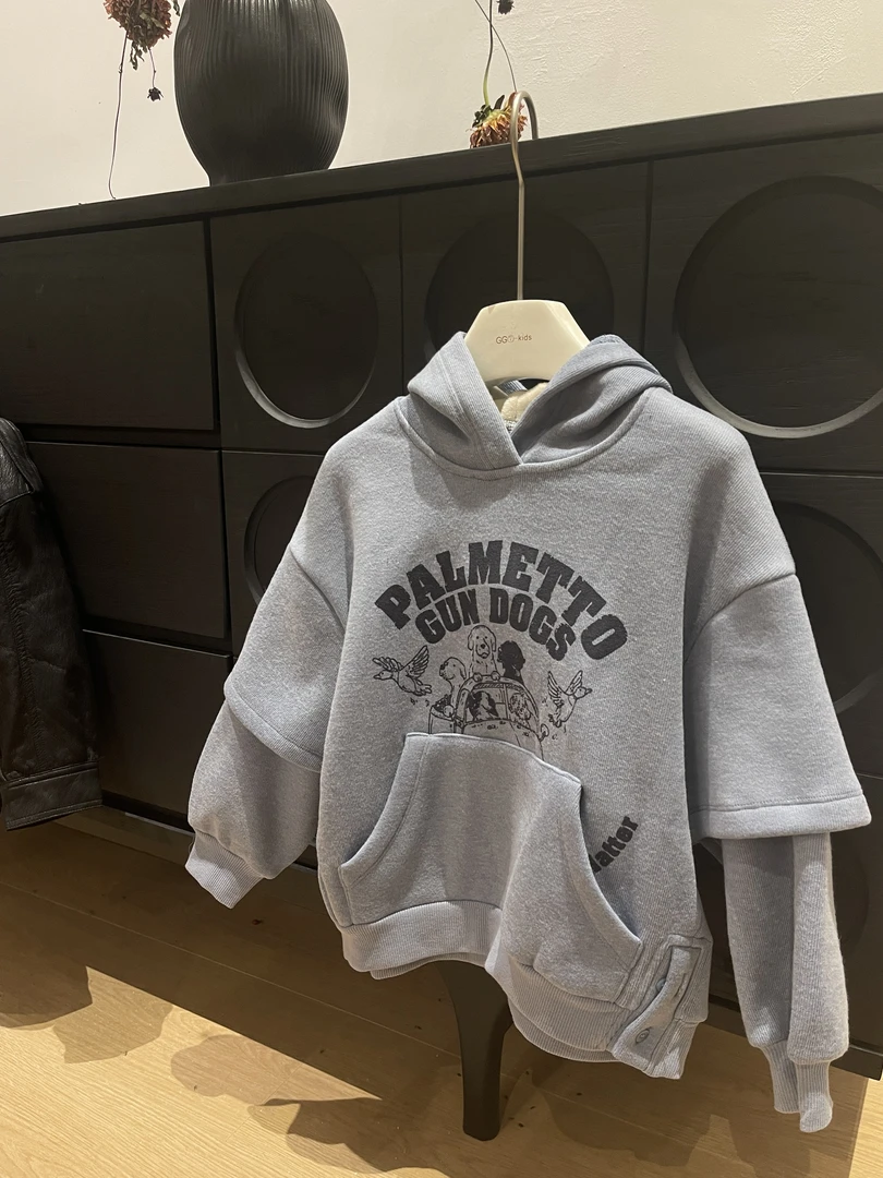 g-super 原创假两件浅蓝色趣味卡通加绒卫衣连帽男女儿童装