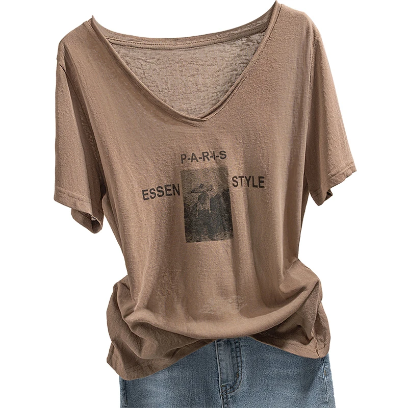 【品牌奥莱】丝柏舍夏季欧若风女字母印花V领简约T恤S32B1999T