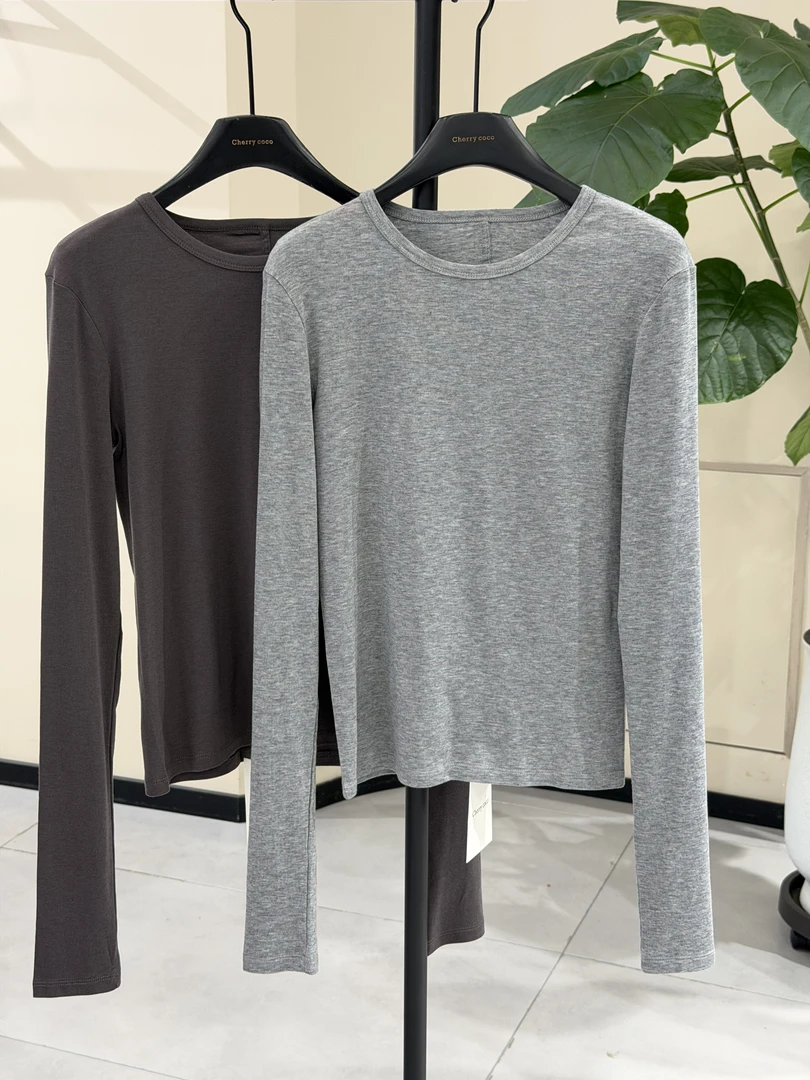 C25876-秋冬新款圆领纯色正肩修身打底衫内搭上衣