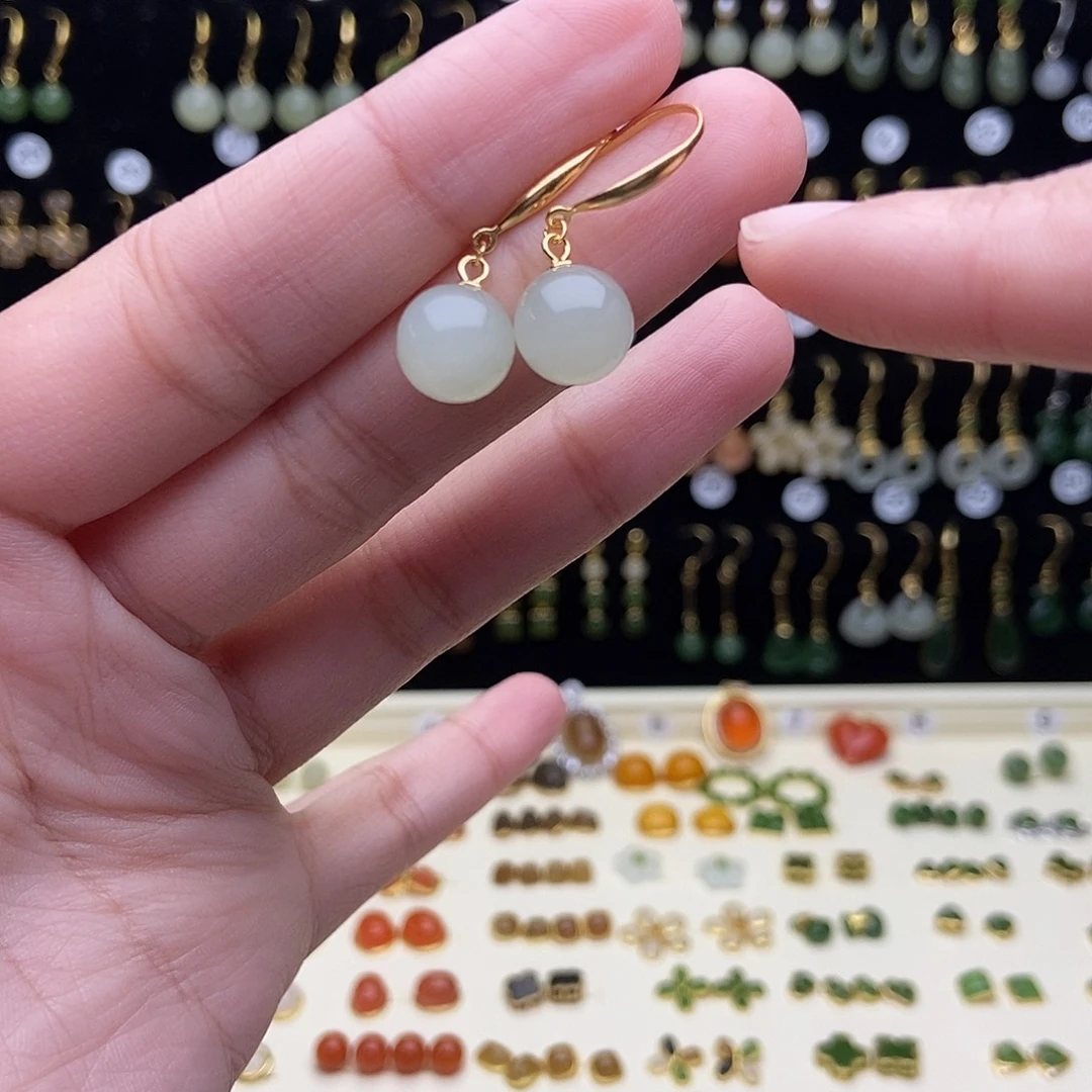 和田玉银S925镀金镶嵌耳饰