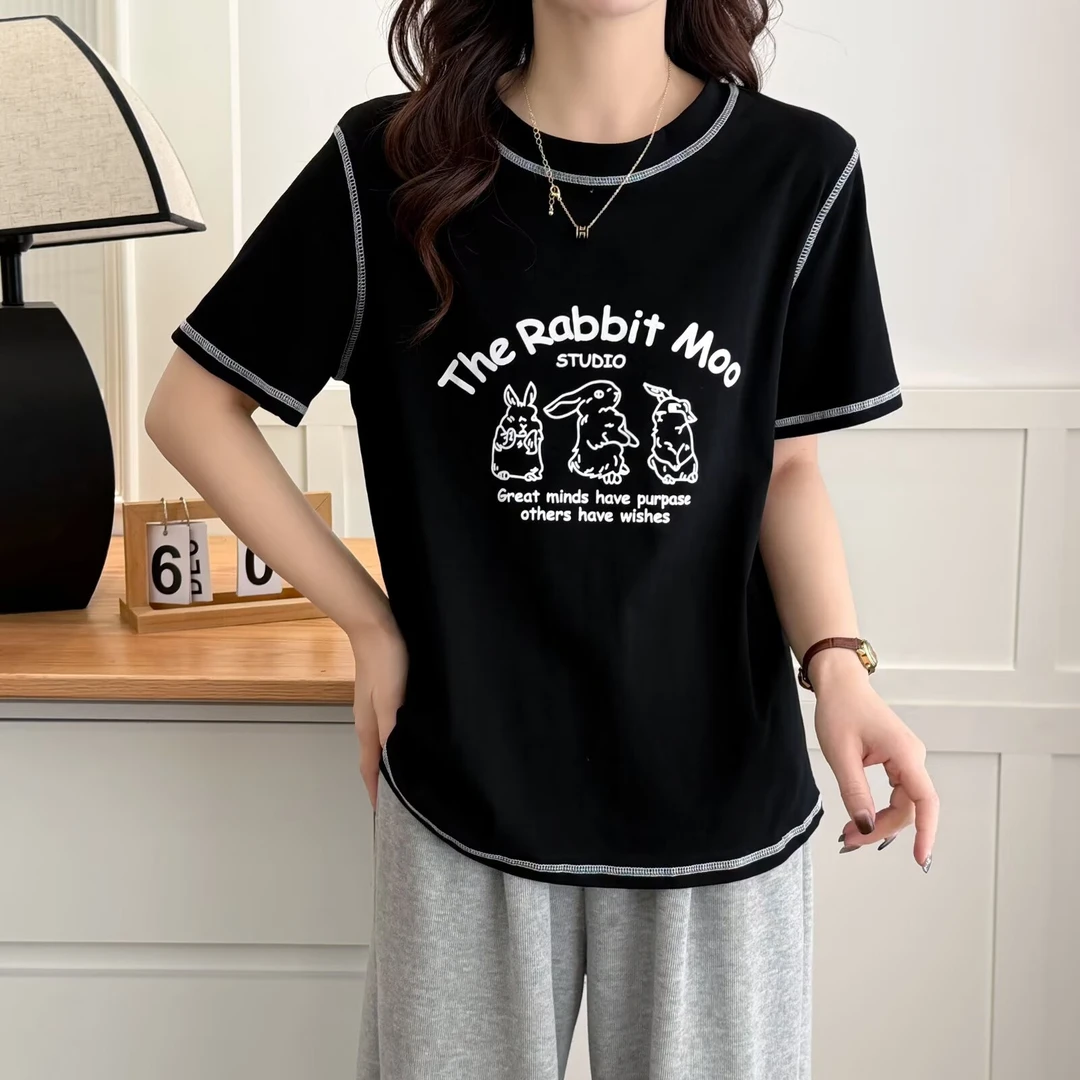 大码女装2025新款夏季兔子印花短袖t恤宽松显瘦百搭圆领印花上衣