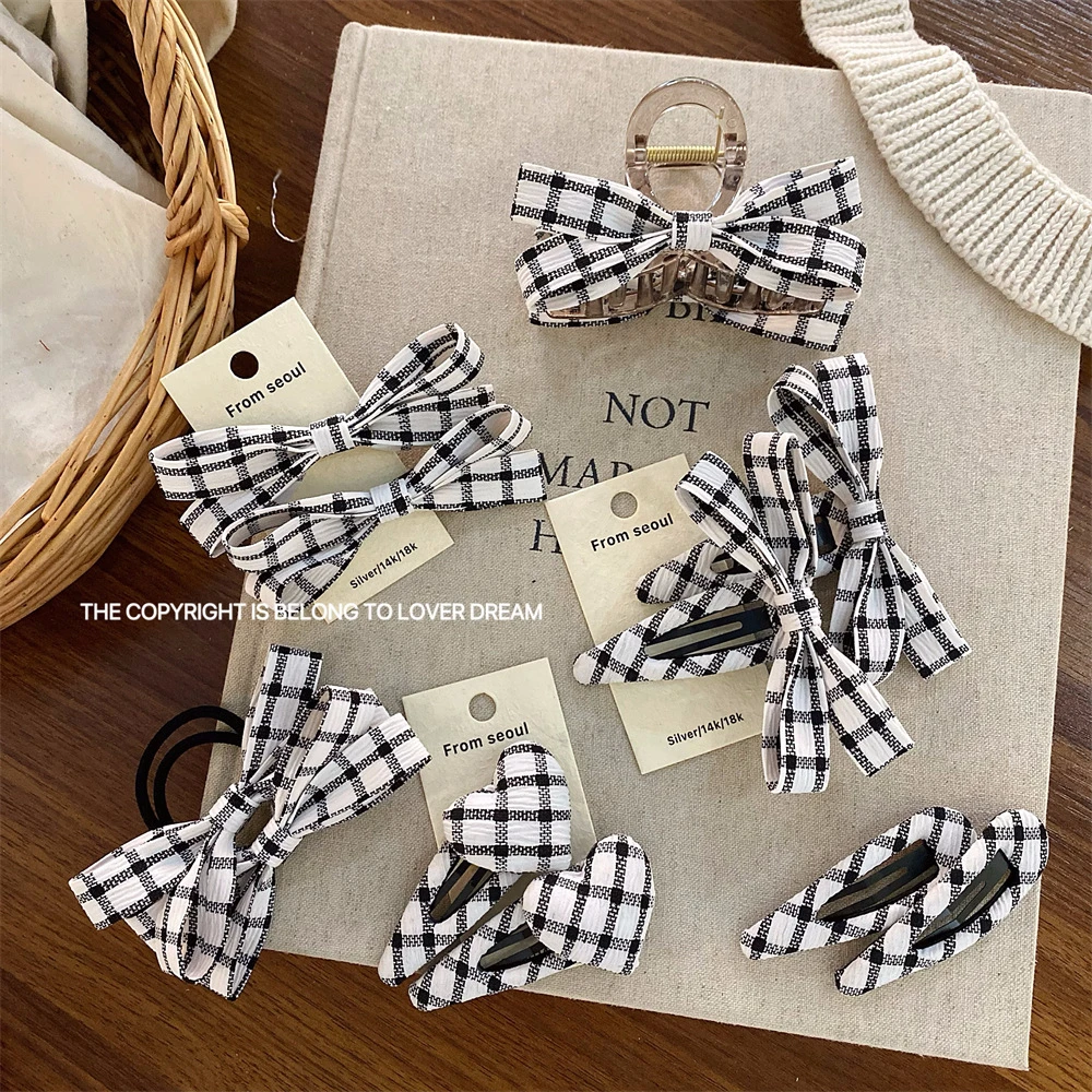 韩国ins新款黑色格纹蝴蝶结爱心发夹 甜美可爱刘海夹侧边夹发饰女